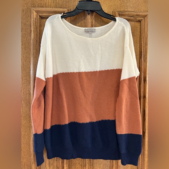 Earth Toned Striped Knit Sweater Evolution Size Medium Blue Tan blouse - Picture 1 of 3